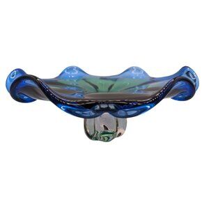 Royal Gallery Blue Green Ombre on Clear Heavy Glass Showpiece Blown Glass Bowl